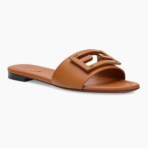Fendi Tan Leather Slides with FF Cutout